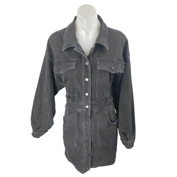 Free People Bo Black Long Sleeve Button Up Denim Jean Shirt Mini Dress Size M - Picture 1 of 5